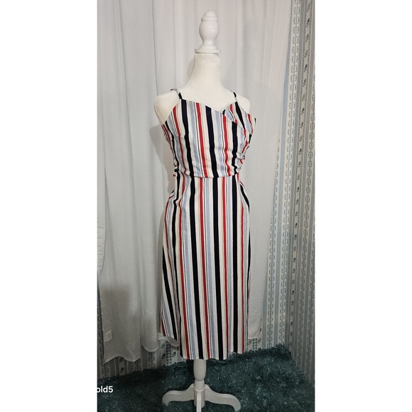 Red White Blue Striped Patriotic Sleeveless Midi Dress Summer BBQ Fourth of July - Picture 2 of 6